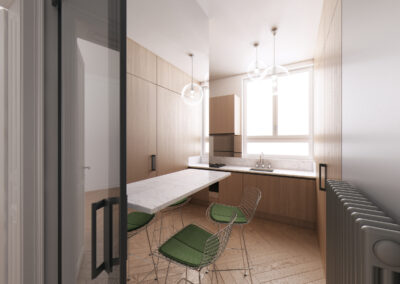 Küche und Essbereich einer von Kattun sanierten Wohnung in Wien. Zu sehen sind die Regale aus Holz und der Holzfußboden.