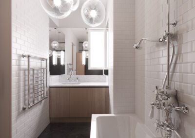 Badezimmer einer von Kattun sanierten Wohnung in Wien. Zu sehen sind die Holzelemente des Waschtischs und die weißen Fliesen.